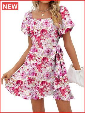 Summer Dress Square Neck Puff Sleeve Tie Waist 100% Polyester